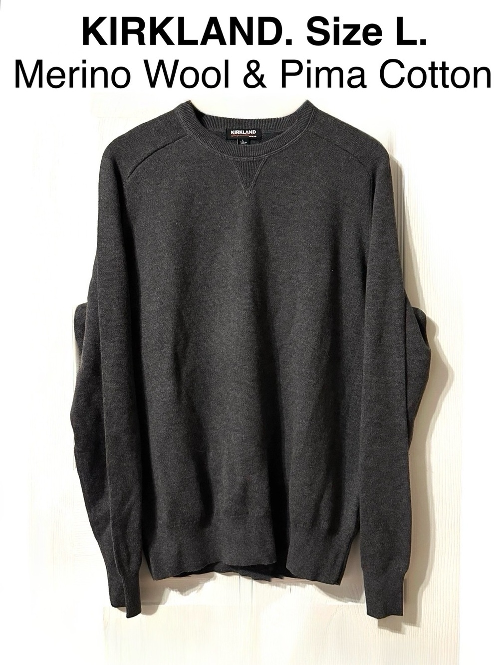 Kirkland Signature Men's Crewneck Sweater Merino Wool Pima Cotton Charcoal Gray